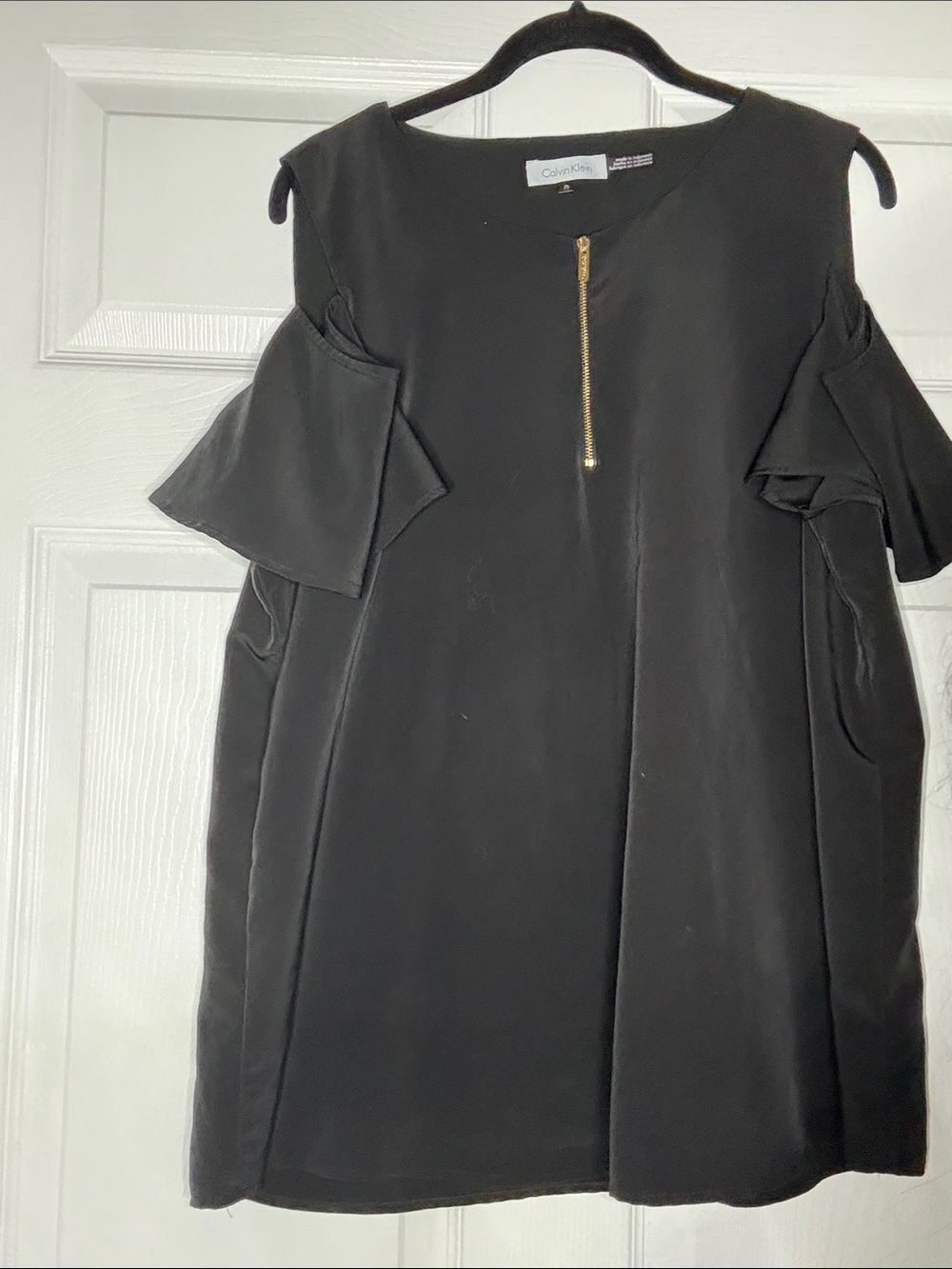 Calvin Klein Black Cold-Shoulder Mini Dress with Gold Zip Accent